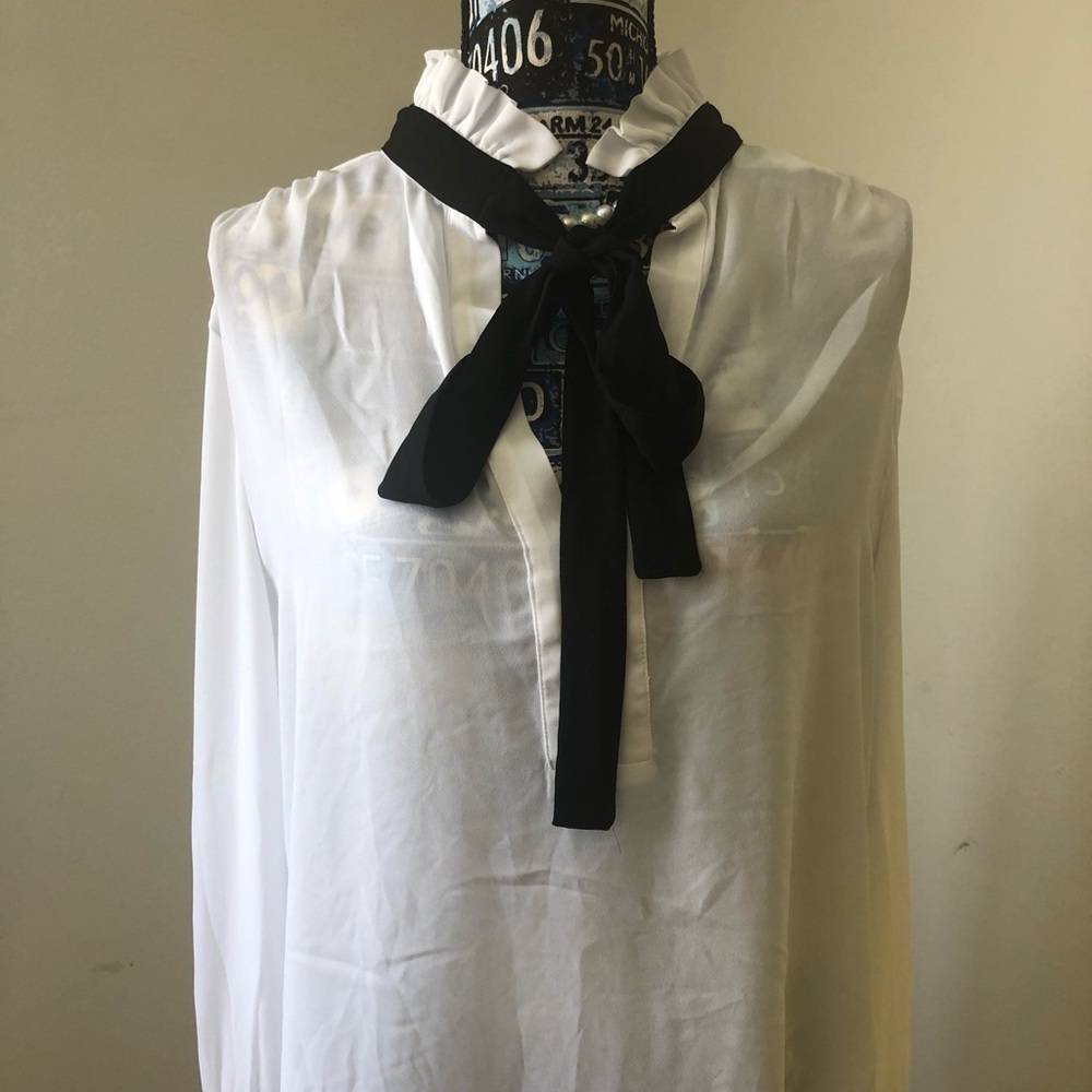 NY&Co White Blouse with black tie neck